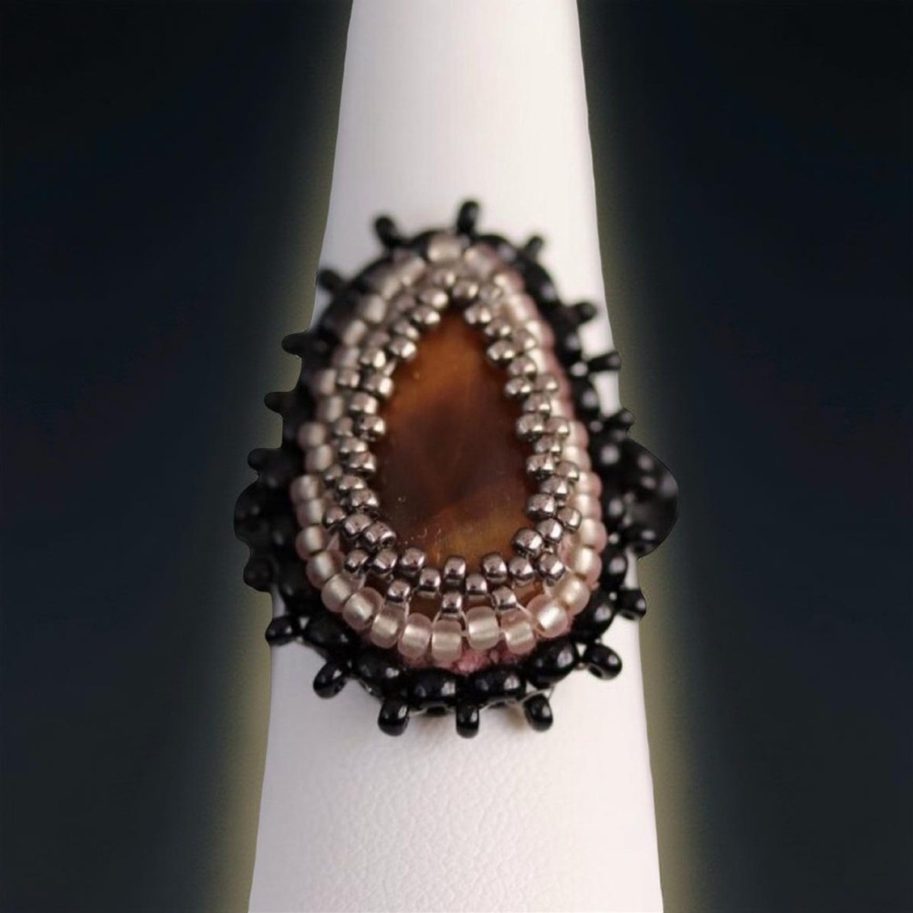 Handmade Tiger’s Eye Leather Backed Statement Ring Size 7.5
